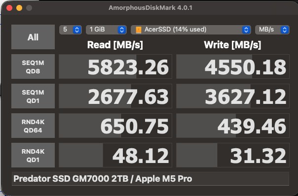 AmorphousDiskMarkでの計測結果。SEQ1M QD8で読込5823MB/s、書込4550MB/s(Predator SSD GM7000 2TB / Apple M5 Pro)