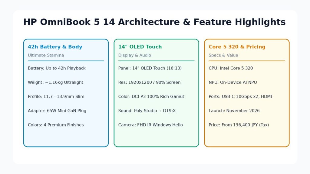 HP OmniBook 5 14の主要機能の図解(バッテリーと本体、OLEDタッチ画面、CPUと価格)