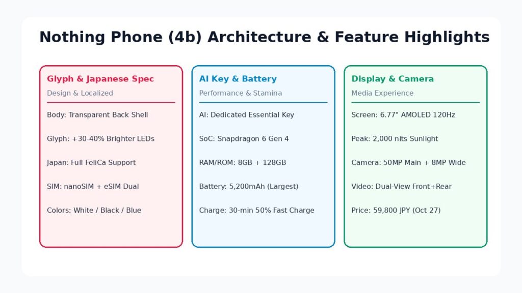 Nothing Phone (4b)の主要機能の図解（Glyphと国内仕様、AIキーとバッテリー、画面とカメラ）