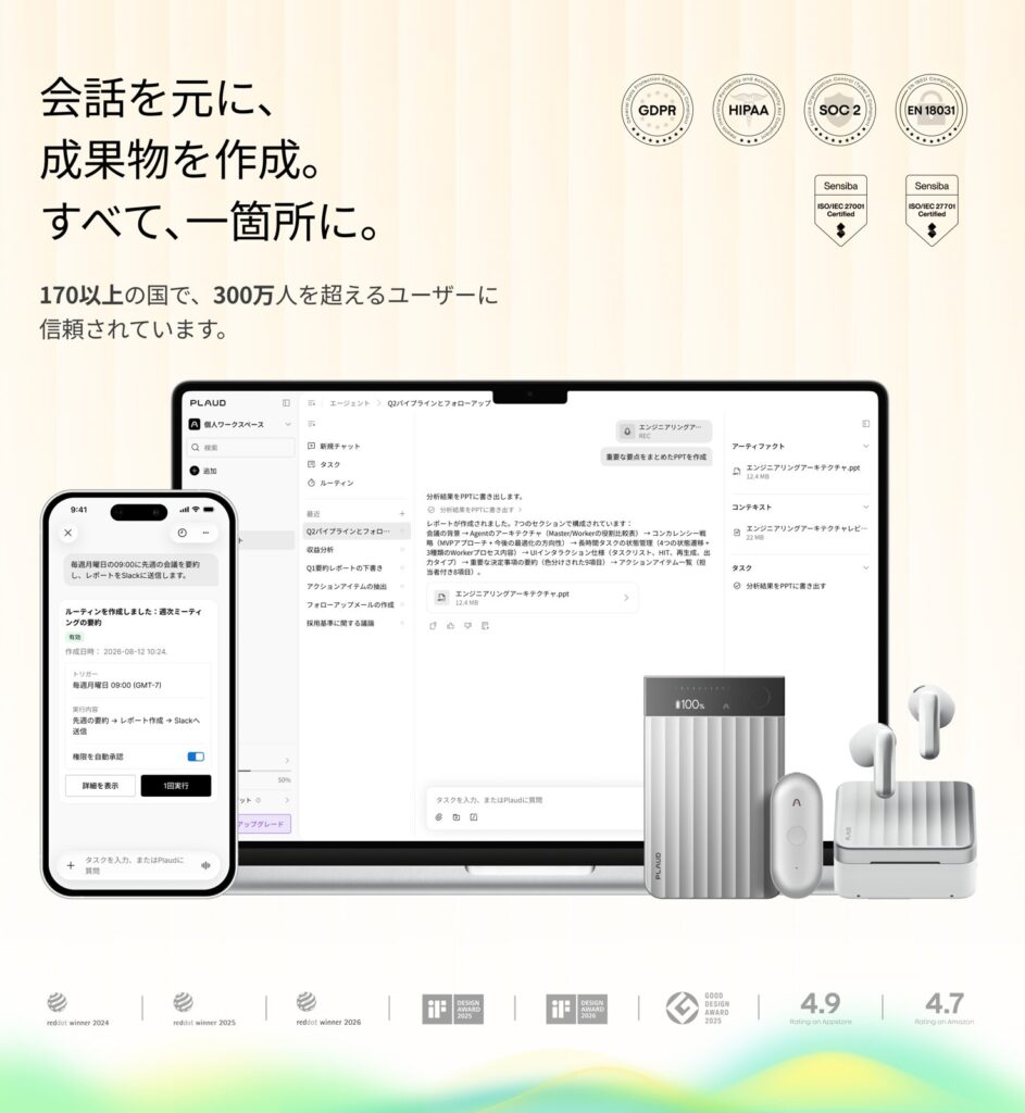 Plaud Intelligenceのデスクトップ画面とスマホ画面、Plaudデバイスを並べたイメージ