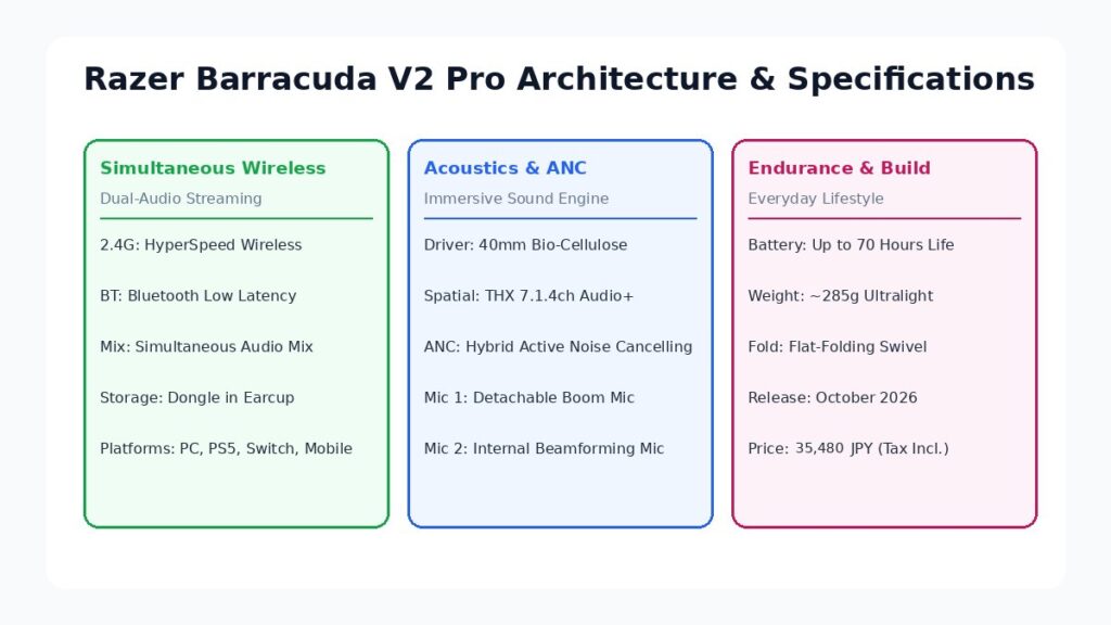 Razer Barracuda V2 Proの主要機能の図解(同時ワイヤレス接続、音響とANC、バッテリーと仕様)
