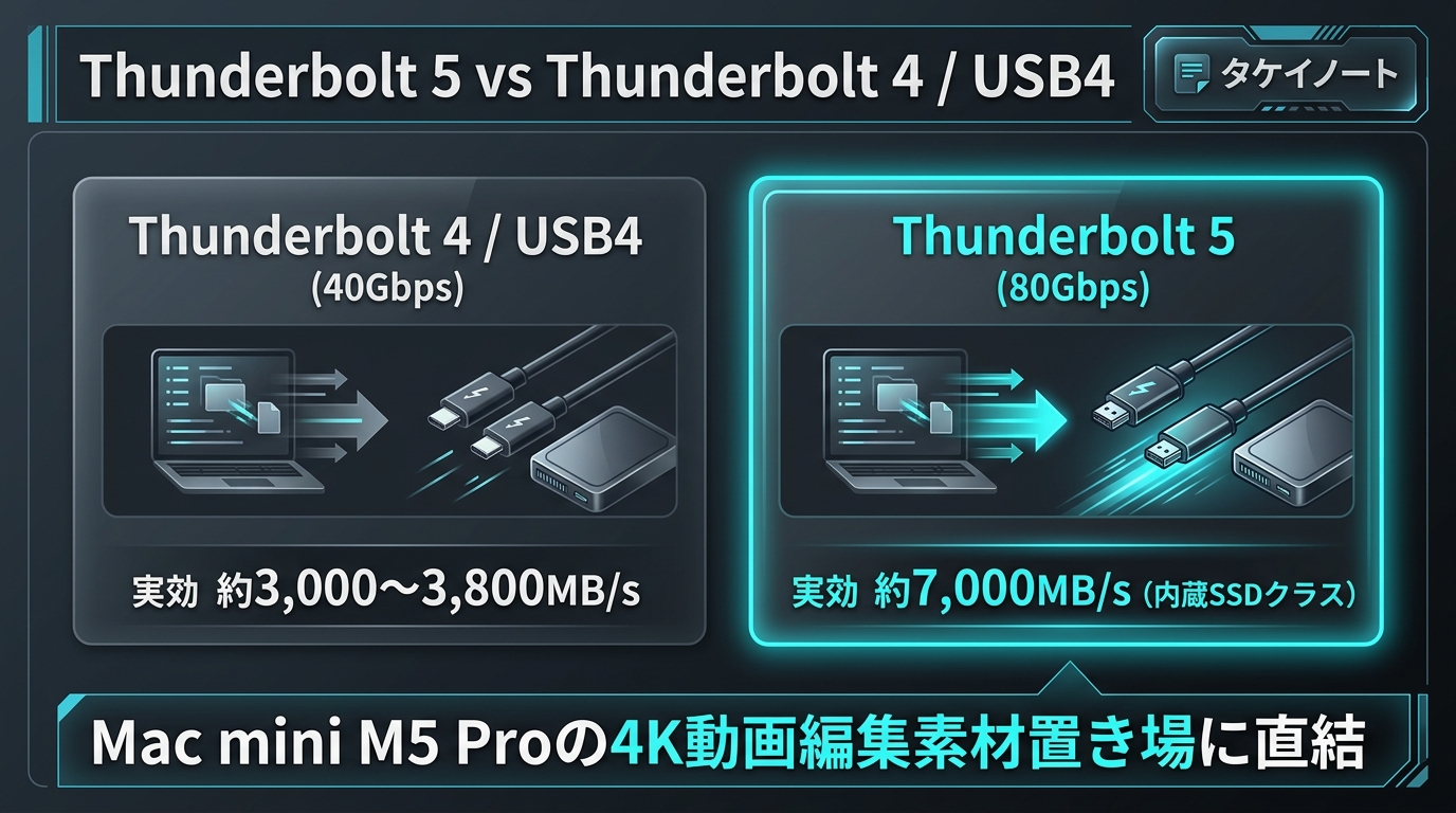 Thunderbolt 5(80Gbps)とThunderbolt 4 / USB4(40Gbps)の速度比較インフォグラフィック