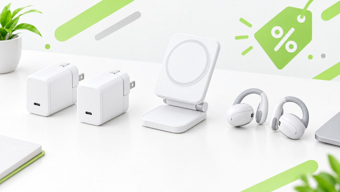 白いデスクに並んだ白い充電器2台、折りたたみ式ワイヤレス充電スタンド、クリップ式イヤホンのイラスト